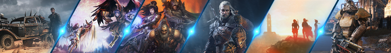 Bannière Pix3ls Visi0n — Mad Max, jeux fantasy, The Witcher 3, Metal Gear Solid V, Fallout